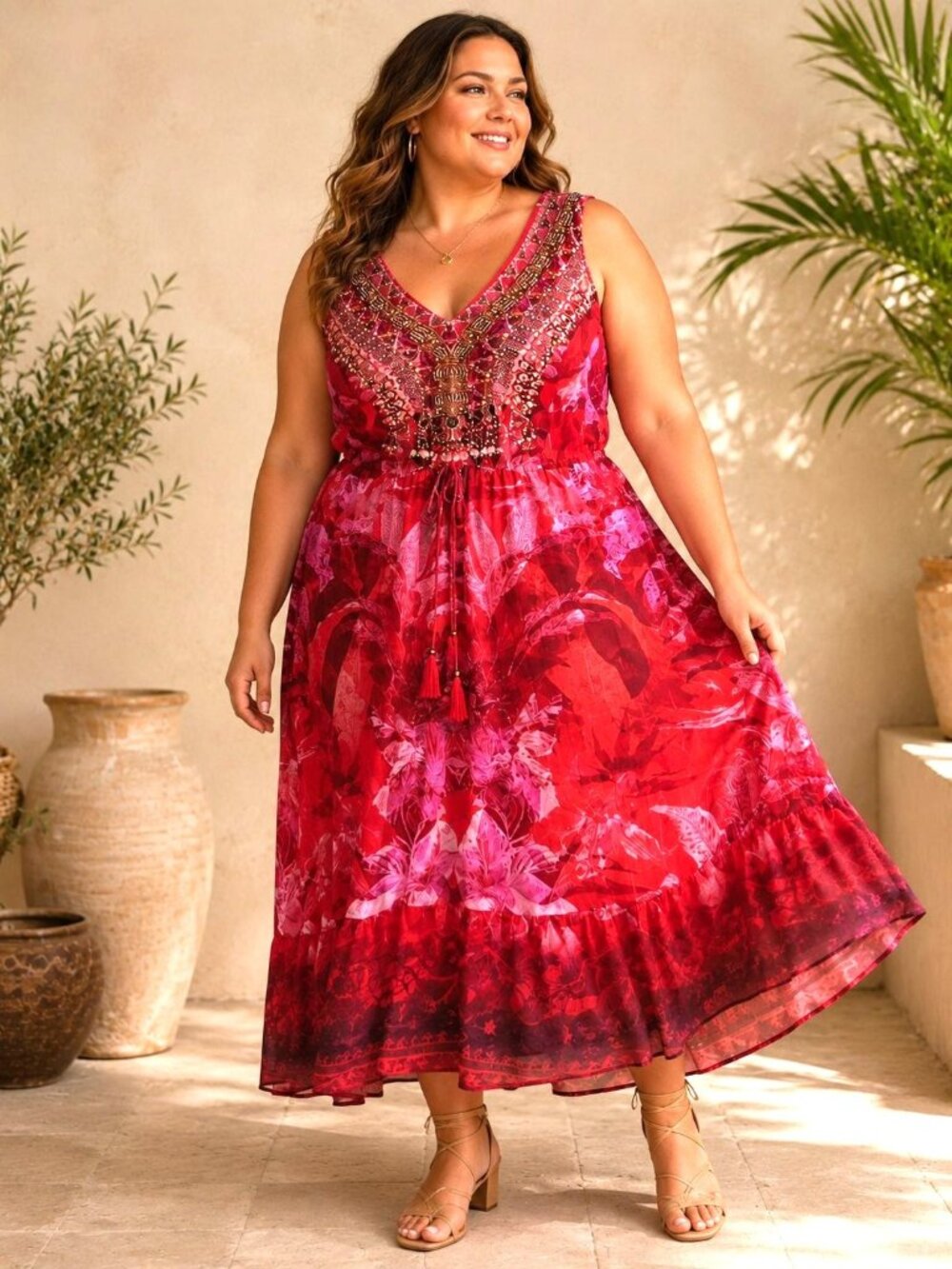 Avenue Plus Size 18 Red Embellished Beaded Floral Sleeveless Maxi Dress Boho